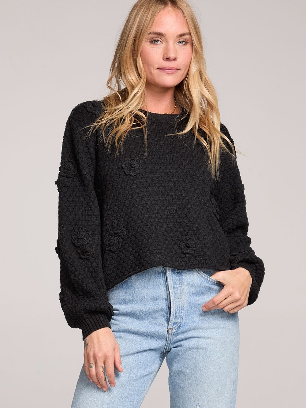 saltwater LUXE Black Floral Applique Crewneck Sweater